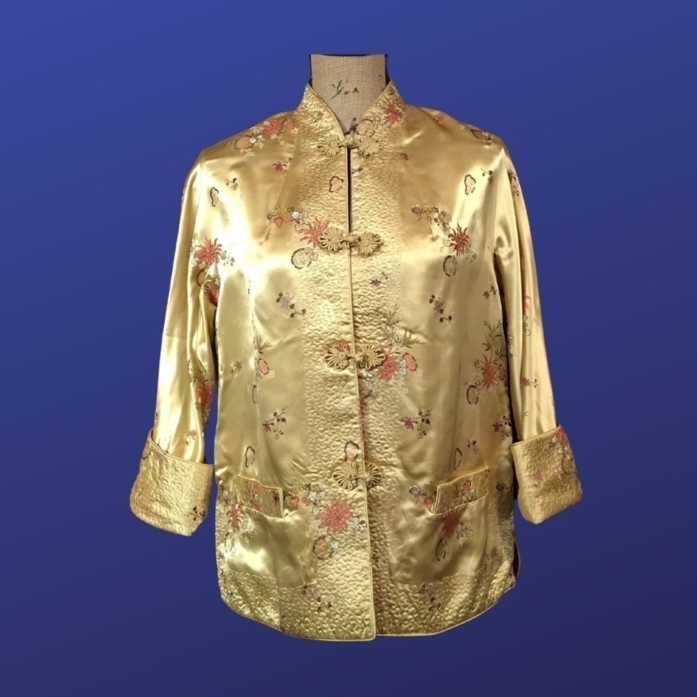 Unbranded Hong Kong Silk Evening Jacket, Gold Brocade/Red Jacquard, Size L, Euc